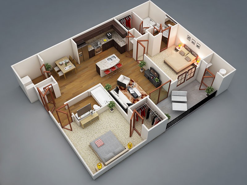 Bản Vẽ 3D Nhà 1 Tầng 2 Phòng Ngủ Với Tone Màu Vàng Nâu 