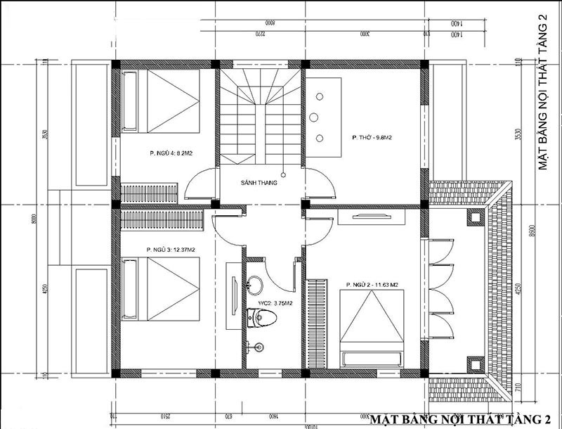 Bản vẽ thiết kế nhà vuông 2 tầng 8x8m 