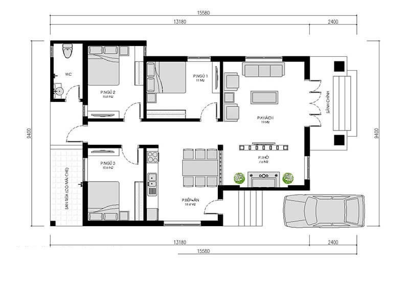 Mẫu thiết kế nhà vuông 1 tầng 3 phòng ngủ ở Hưng Yên BT210027  Kiến trúc  Angcovat  Thiết kế Thiết kế nhà Mặt bằng nhà