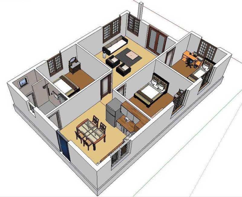 Mẫu thiết kế nhà 1 tầng diện tích 50m2 2 phòng ngủ BT32975