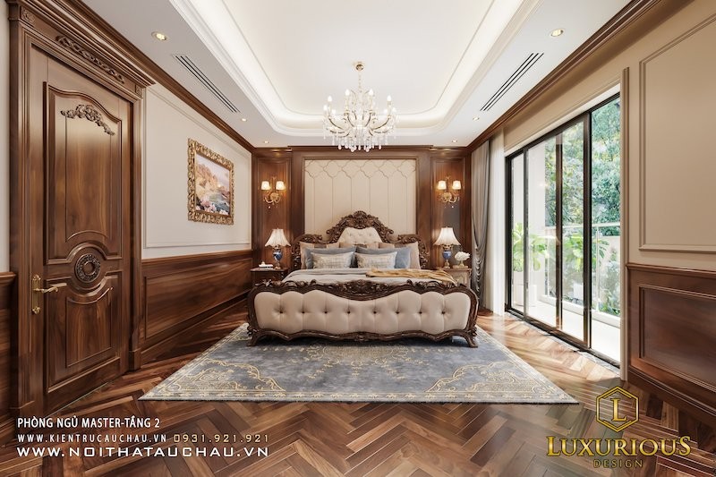 Phòng ngủ master với nội thất bằng gỗ