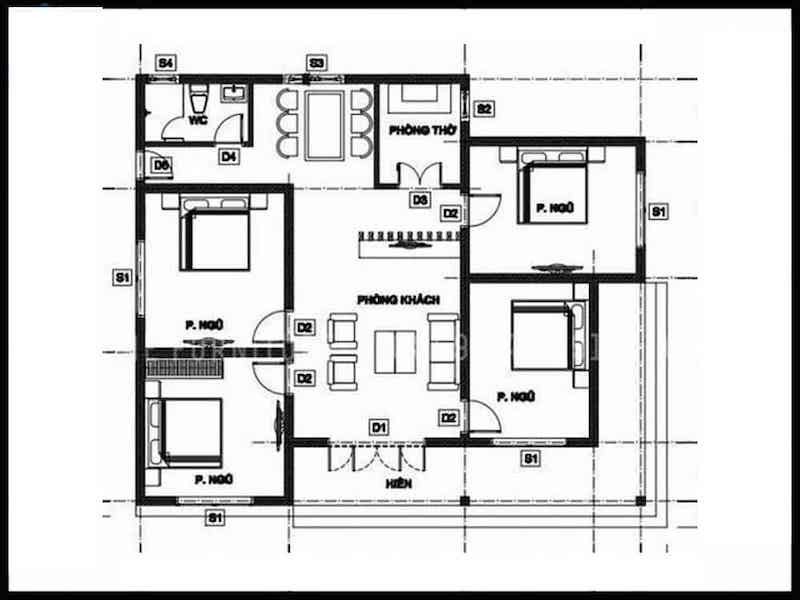 Bản vẽ thiết kế mẫu nhà 1 tầng kiểu Pháp 4 phòng ngủ 