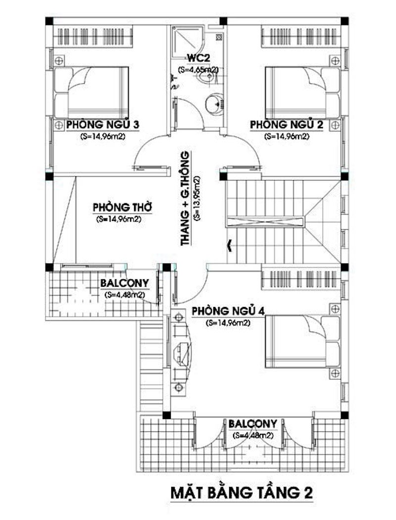 Mẫu bản vẽ nhà 2 tầng mái thái 4 phòng ngủ tầng 2