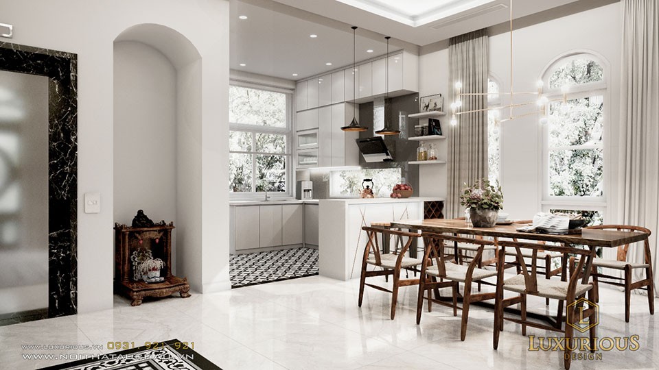 Phòng ăn + phòng bếp mang phong cách đơn giản 