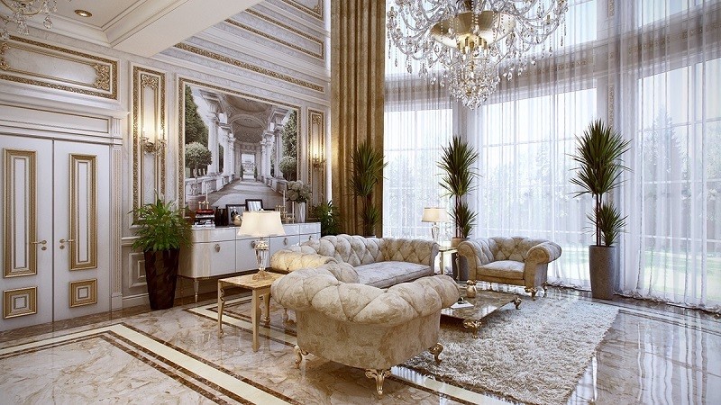 Phòng khách sử dụng phong cách thiết kế kiểu Pháp luôn nổi bật 