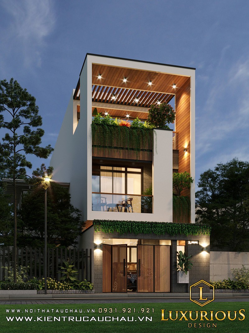 Mẫu nhà phố 2 tầng thiết kế theo phong cách hiện đại kết hợp với không gian xanh