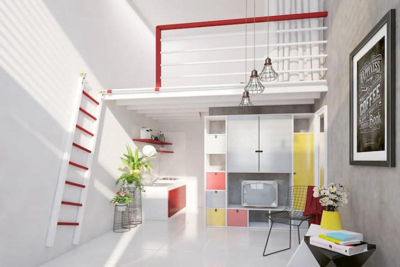 Thiết kế nhà có gác lửng đẹp, cầu thang được thiết kế sát vào tường tăng thêm diên tích cho không gian nhà bạn 