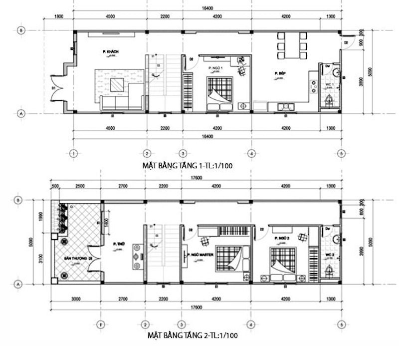 Bản vẽ thiết kế nhà 2 tầng 5x15m đơn giản với đầy đủ tiện nghi 