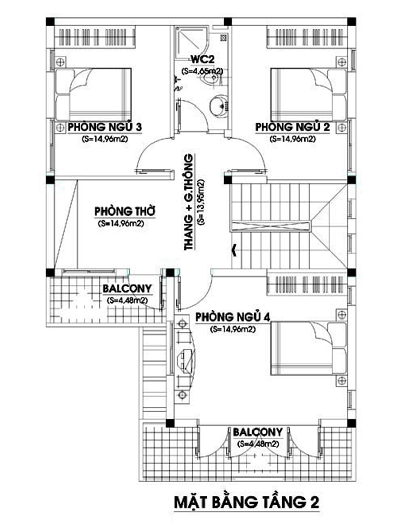Bản vẽ tầng 2 biệt thự hiện đại 4 phòng ngủ 