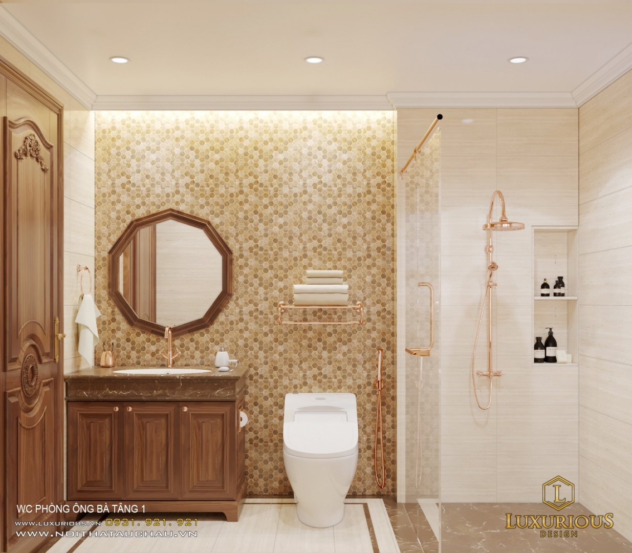 Không gian WC biệt thự 5 tầng sử dụng đá mang phong cách cổ điển phù hợp với thiết kế chung 