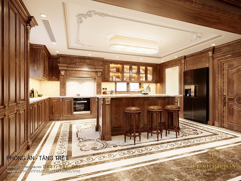 Phòng bếp đẹp sử dụng toàn bộ bằng gỗ óc chó cực sang trọng 
